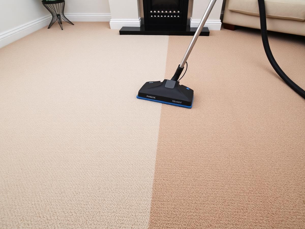 Carpet cleaning in progress showing clean vs dirty contrast